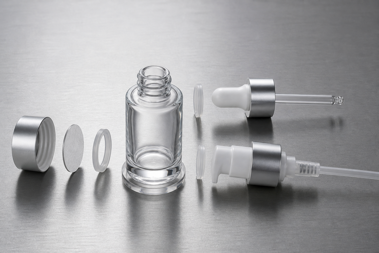 Example of glass neck, cap, liner, gasket, pump, and dropper contact components