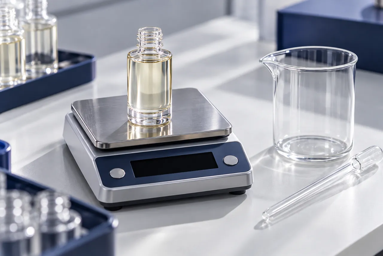 QC bench with a precision scale weighing a clear cosmetic glass bottle, a beaker and pipette beside it
