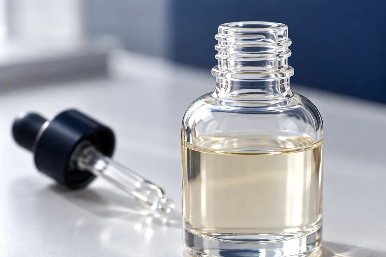Close-up of a glass bottle neck and shoulder showing the liquid line and headspace, with a dropper beside it