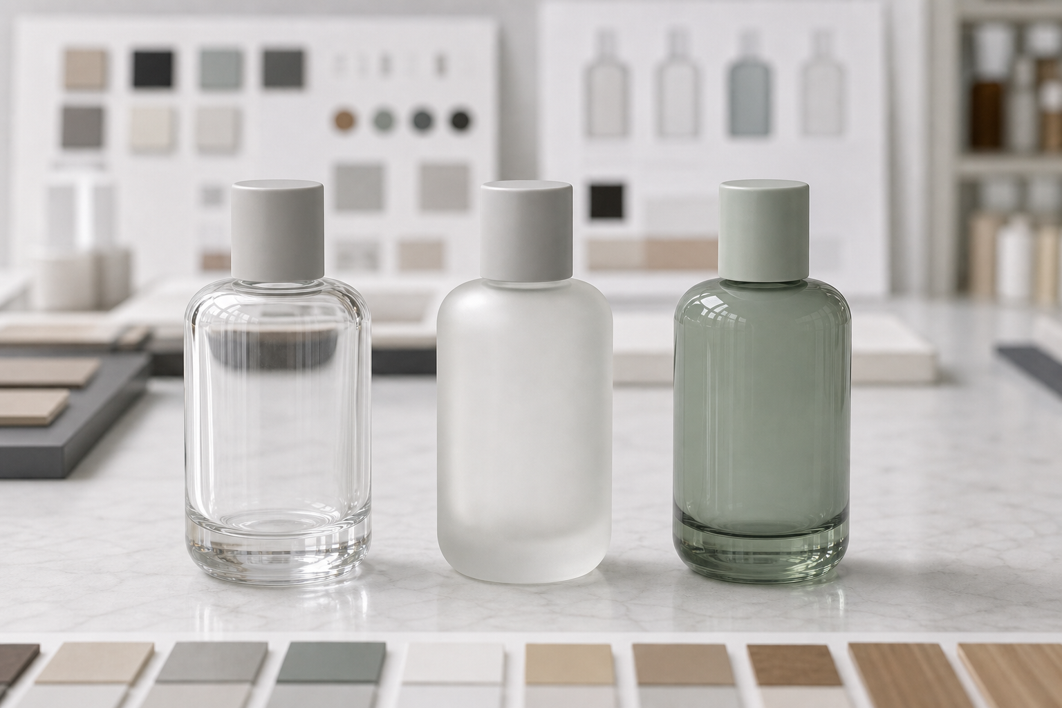 Before and after finishing comparison for cosmetic glass containers