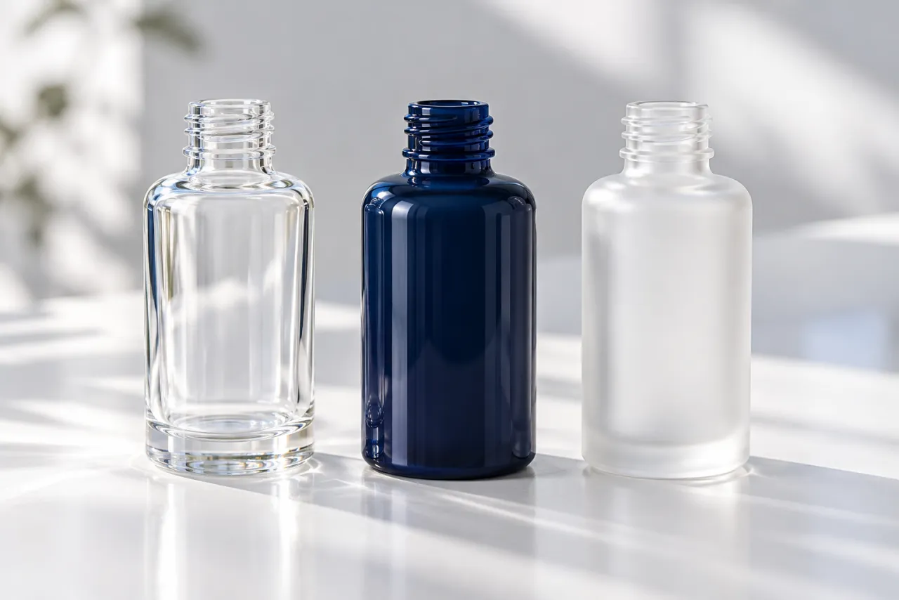 Uncoated clear cosmetic glass bottle, an opaque color-coated bottle and a frosted bottle side by side