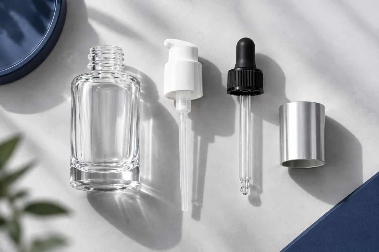 Cosmetic packaging laid out by material: glass bottle body, pump, dropper rubber bulb with glass pipette and cap shell