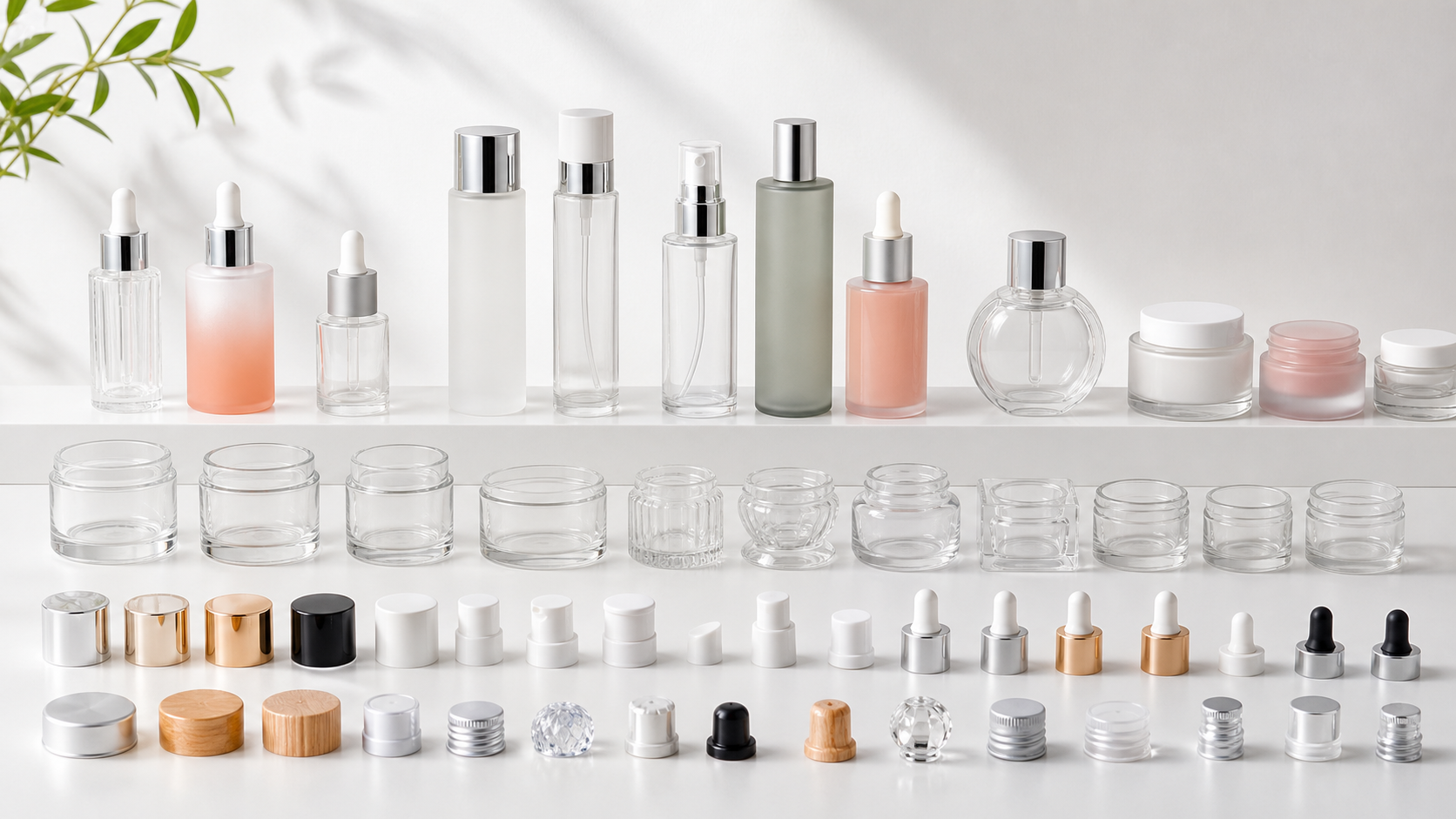 K-beauty cosmetic glass packaging product family with bottles jars droppers pumps and caps