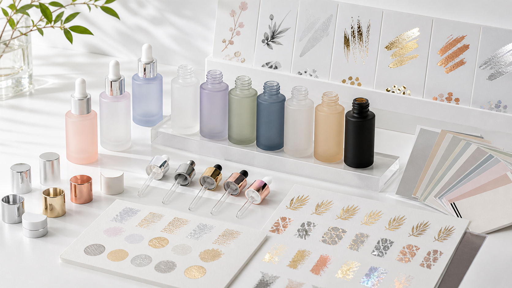 Frosted coated printed and hot stamped cosmetic glass bottle finishing samples
